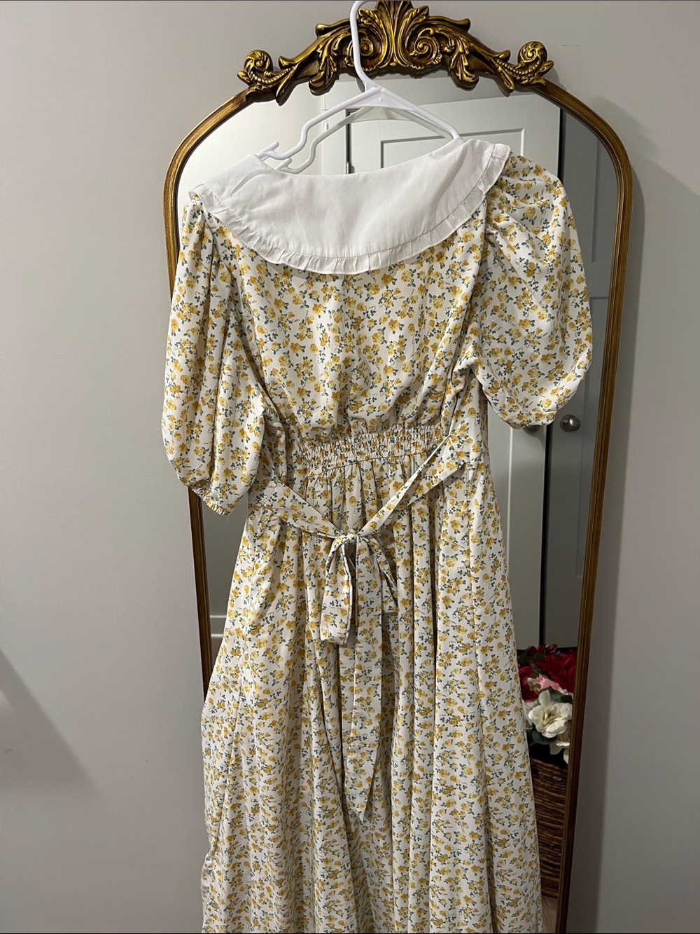 Women's Yellow Floral Midi Dress with White Sailor Collar - Picture 3 of 3